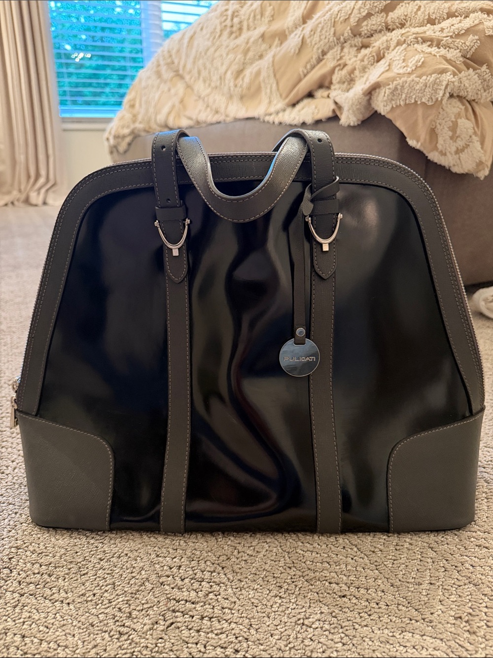 Pulicati Black Smooth Dome Travel Tote with Gray Trim